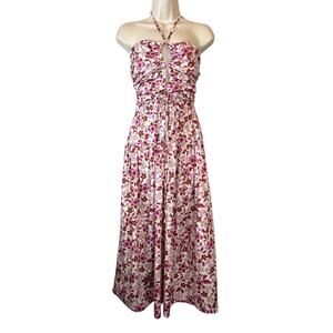 Jason WU Halter Strapless Floral Smocked Midi Dress in Pink Brown Women's Small